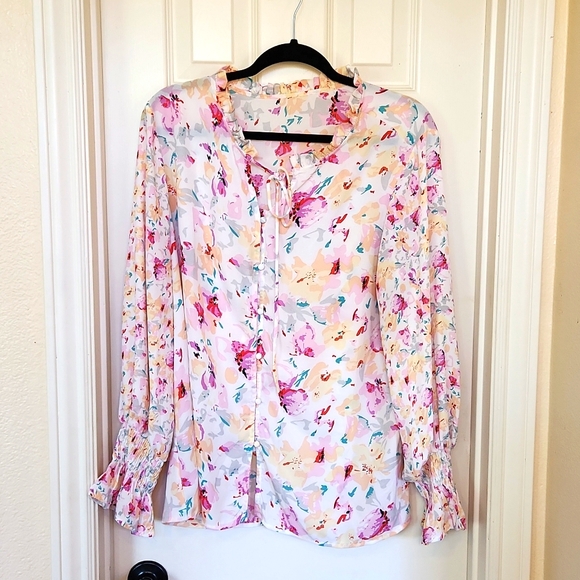 Women's Casual Boho Floral Print V Neck Long Sleeve Drawstring Tops Loose Blouse - Picture 4 of 6